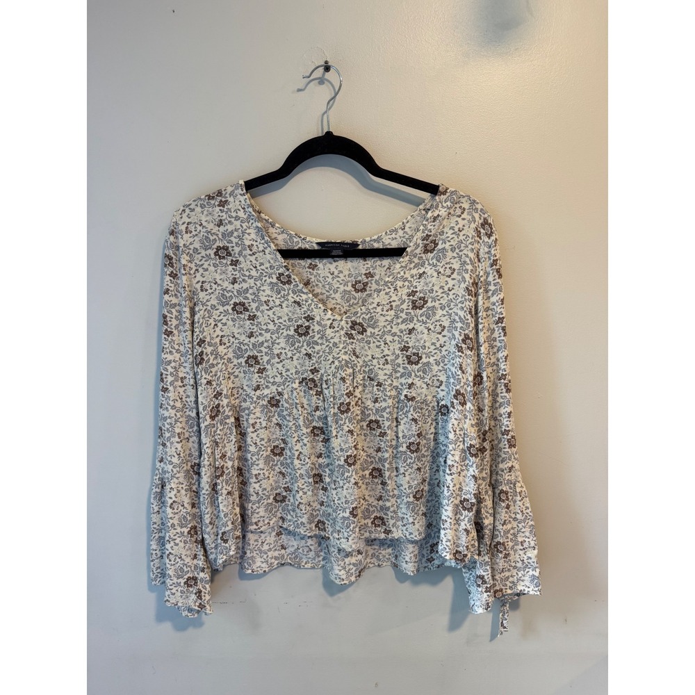 American Eagle Floral Babydoll‎ Blouse V-Neck Bell Sleeve Boho Top Cream Brown M